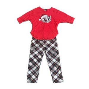 Pink & Violet Girl's Christmas Santa Kitty Top Plaid Leggings Size M 7/8